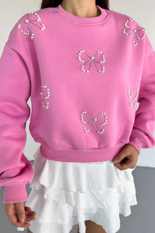 SWT-230 Pembe Taş İşlemeli Fiyonk Desenli Sweatshirt - 3