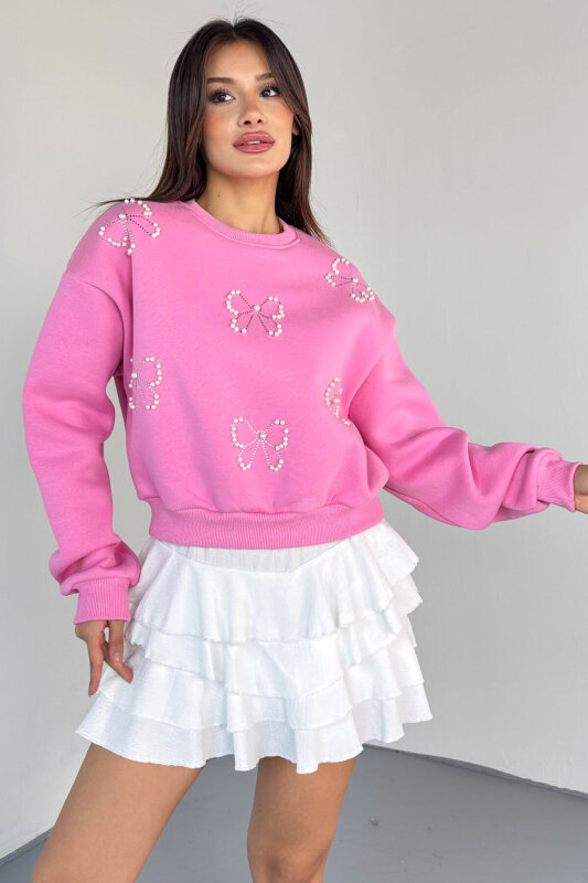 SWT-230 Pembe Taş İşlemeli Fiyonk Desenli Sweatshirt - 4