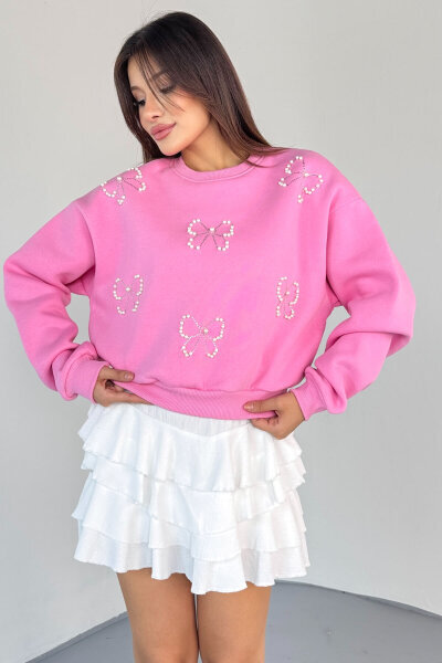 SWT-230 Pembe Taş İşlemeli Fiyonk Desenli Sweatshirt - 1