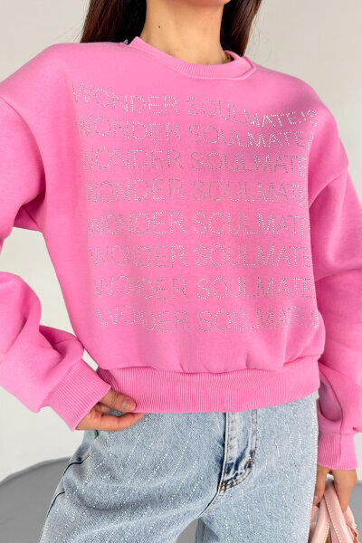 SWT-0231 Pembe Wonder Soulmate Is Taş Yazı Baskılı Sweatshirt - 3