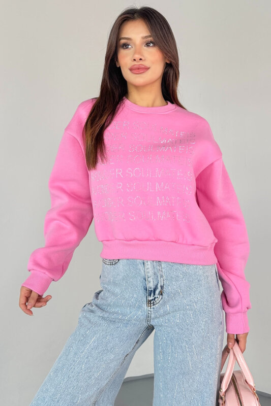 SWT-0231 Pembe Wonder Soulmate Is Taş Yazı Baskılı Sweatshirt - 1