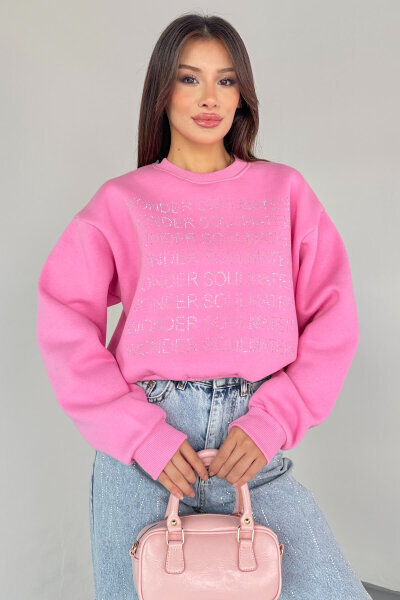 SWT-0231 Pembe Wonder Soulmate Is Taş Yazı Baskılı Sweatshirt - 4