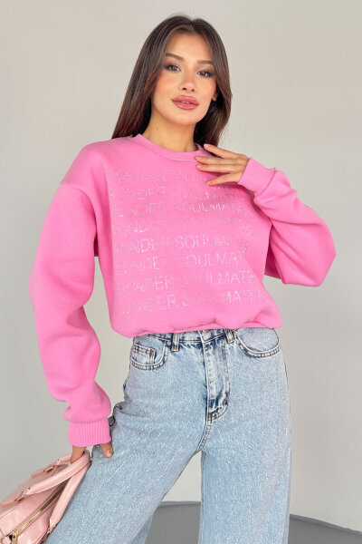 SWT-0231 Pembe Wonder Soulmate Is Taş Yazı Baskılı Sweatshirt - 5