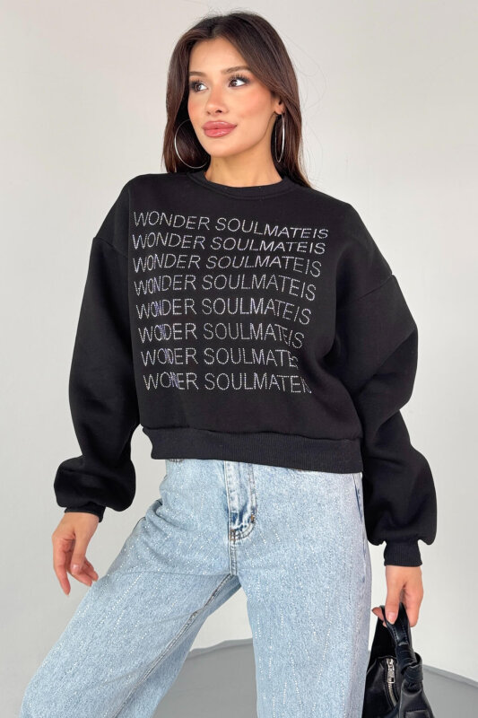 SWT-0231 Siyah Wonder Soulmate Is Taş Yazı Baskılı Sweatshirt - 1