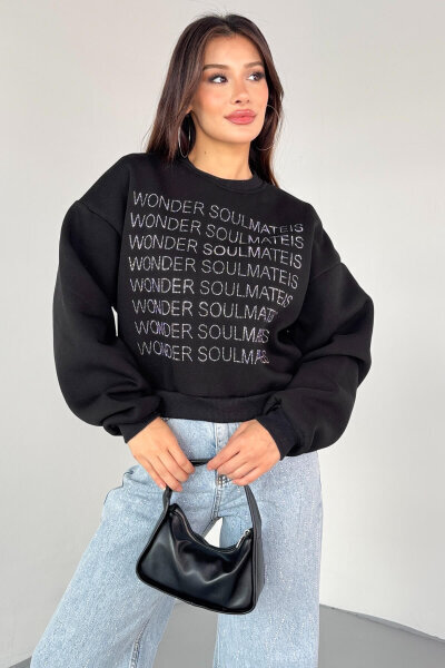 SWT-0231 Siyah Wonder Soulmate Is Taş Yazı Baskılı Sweatshirt (1)