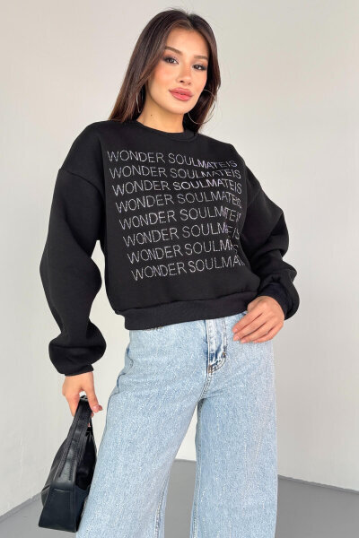 SWT-0231 Siyah Wonder Soulmate Is Taş Yazı Baskılı Sweatshirt - 3