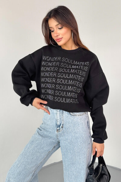 SWT-0231 Siyah Wonder Soulmate Is Taş Yazı Baskılı Sweatshirt - 4