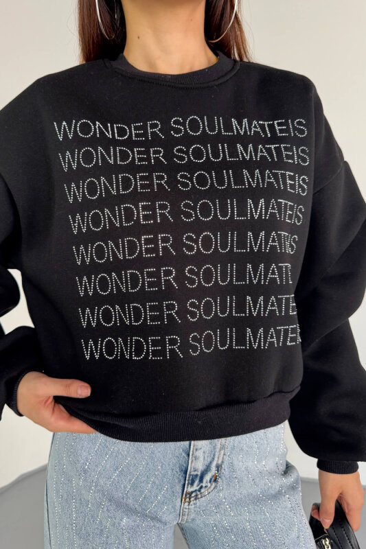 SWT-0231 Siyah Wonder Soulmate Is Taş Yazı Baskılı Sweatshirt - 6