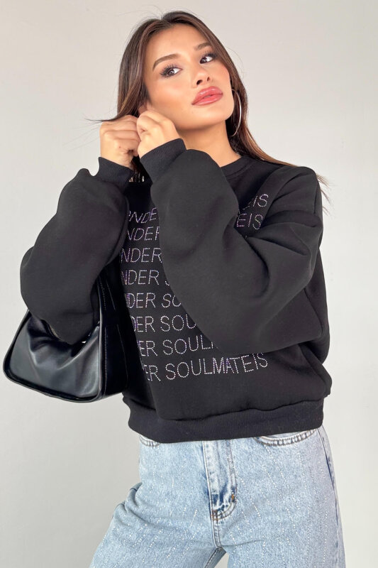 SWT-0231 Siyah Wonder Soulmate Is Taş Yazı Baskılı Sweatshirt - 7