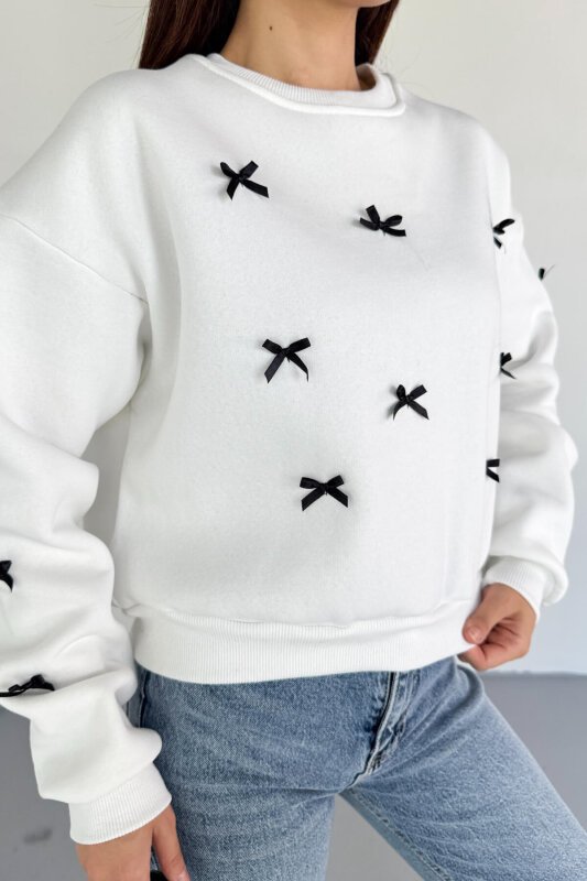 SWT-232 Beyaz Kurdele Süslemeli Sweatshirt  - 4