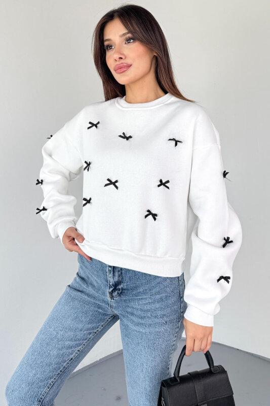 SWT-232 Beyaz Kurdele Süslemeli Sweatshirt  - 5