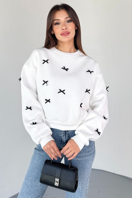 SWT-232 Beyaz Kurdele Süslemeli Sweatshirt  - 1