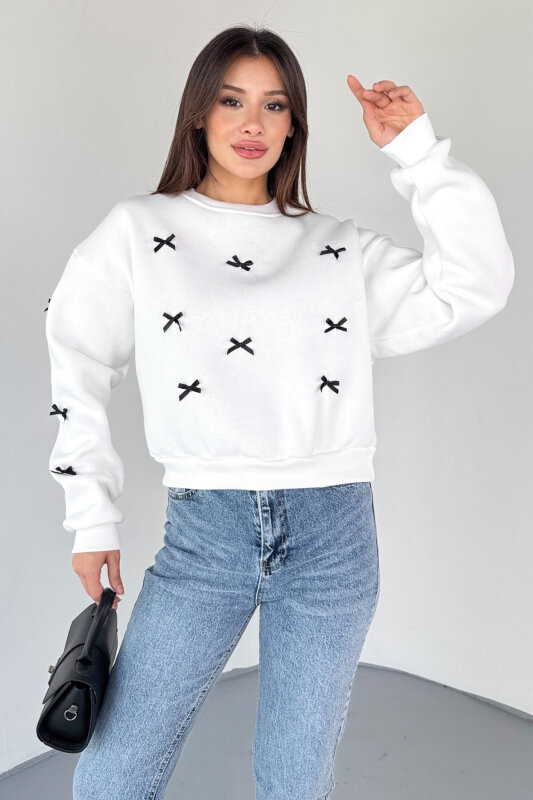 SWT-232 Beyaz Kurdele Süslemeli Sweatshirt  - 2