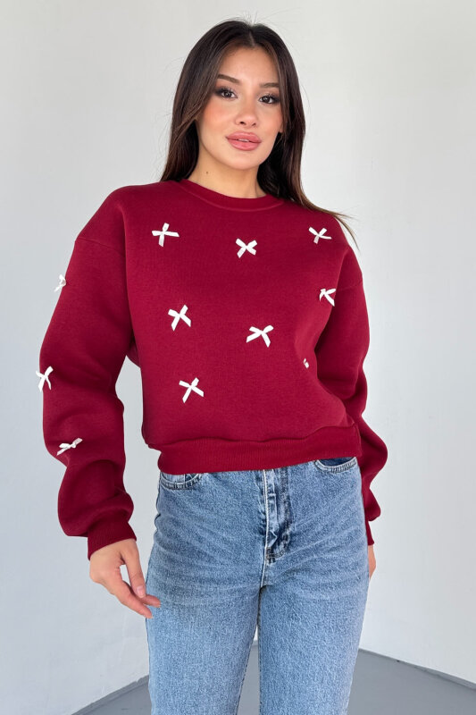 SWT-232 Bordo Kurdele Süslemeli Sweatshirt - 2
