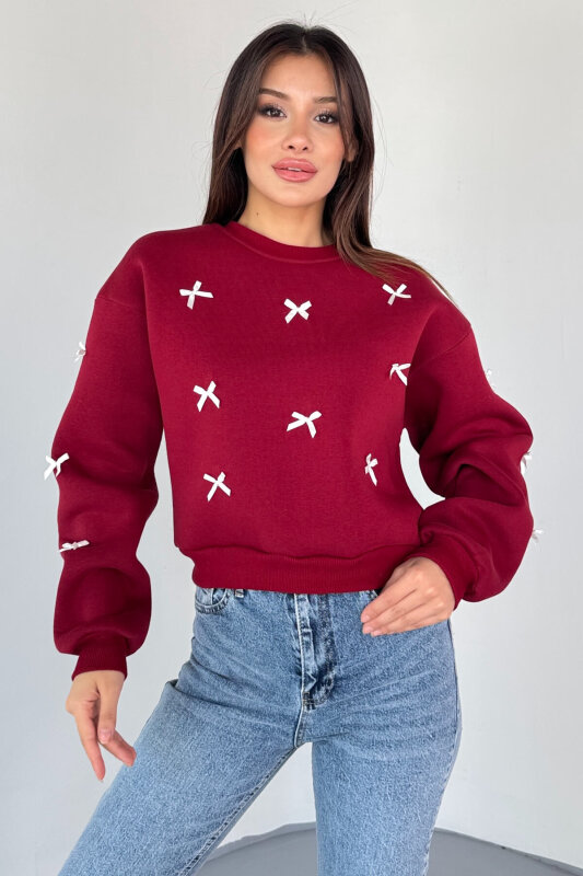 SWT-232 Bordo Kurdele Süslemeli Sweatshirt - 3