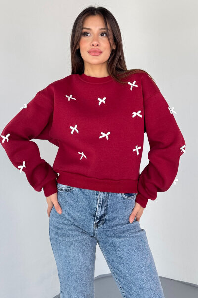 SWT-232 Bordo Kurdele Süslemeli Sweatshirt - 4