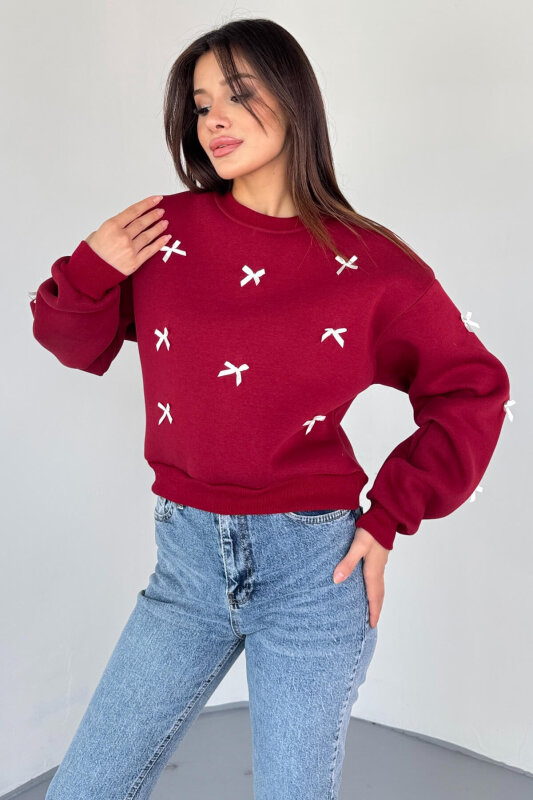 SWT-232 Bordo Kurdele Süslemeli Sweatshirt - 1