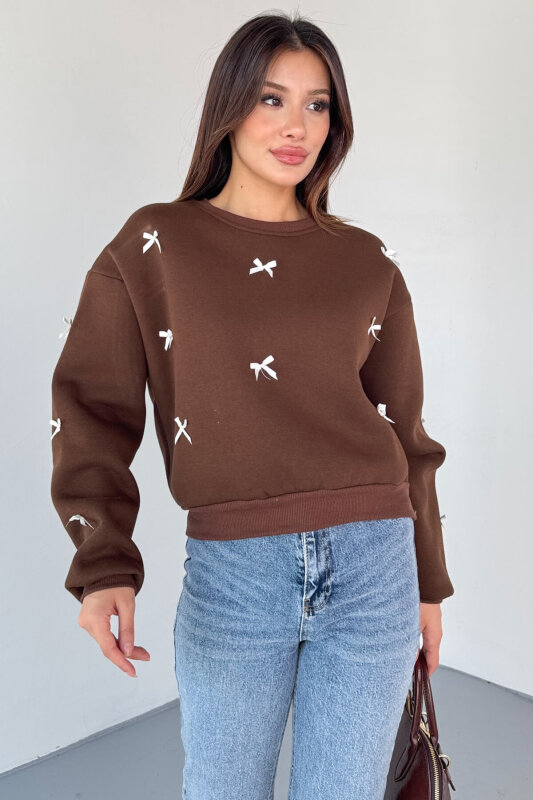 SWT-232 Kahverengi Kurdele Süslemeli Sweatshirt - 4