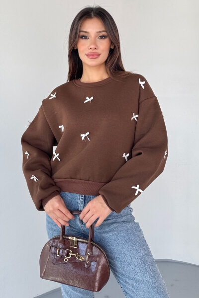 SWT-232 Kahverengi Kurdele Süslemeli Sweatshirt