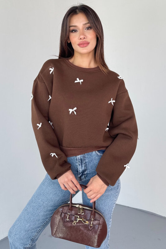 SWT-232 Kahverengi Kurdele Süslemeli Sweatshirt - 2