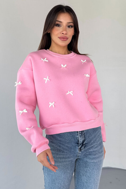 SWT-232 Pembe Kurdele Süslemeli Sweatshirt - 1