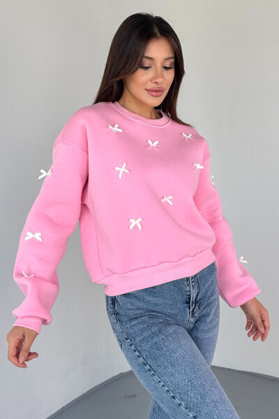 SWT-232 Pembe Kurdele Süslemeli Sweatshirt (1)