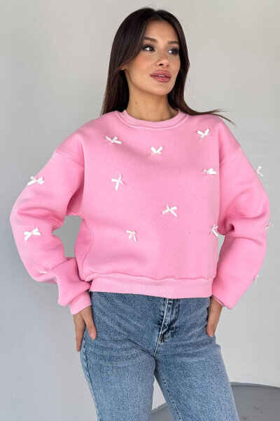 SWT-232 Pembe Kurdele Süslemeli Sweatshirt - 5