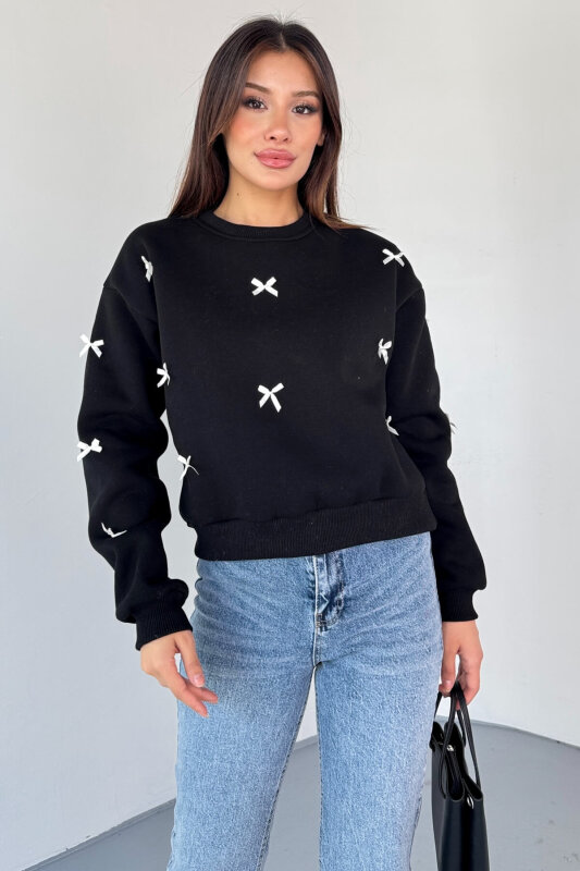 SWT-232 Siyah Kurdele Süslemeli Sweatshirt - 1