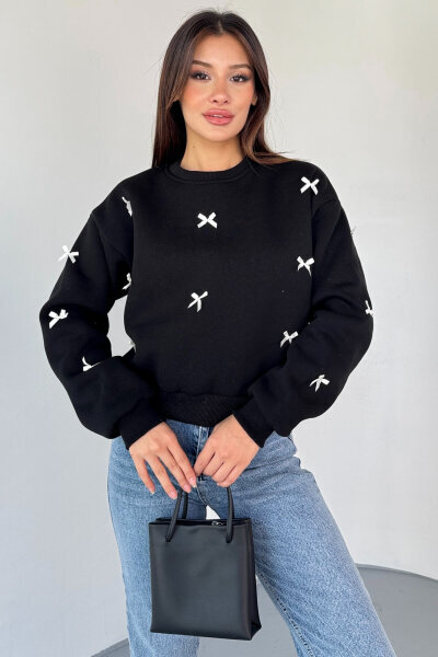 SWT-232 Siyah Kurdele Süslemeli Sweatshirt - 3