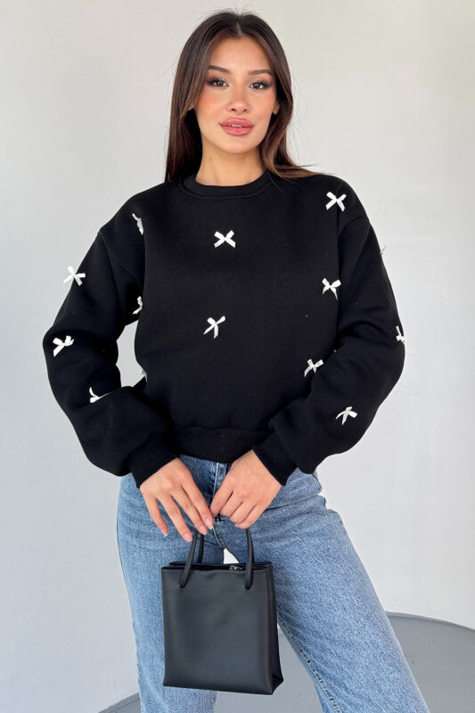 SWT-232 Siyah Kurdele Süslemeli Sweatshirt - 3