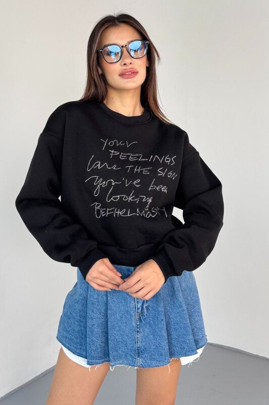 SWT-233 Siyah El Yazısı Taş İşlemeli Sweatshirt - 1