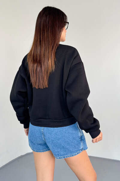 SWT-233 Siyah El Yazısı Taş İşlemeli Sweatshirt - 4