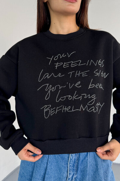 SWT-233 Siyah El Yazısı Taş İşlemeli Sweatshirt - 5