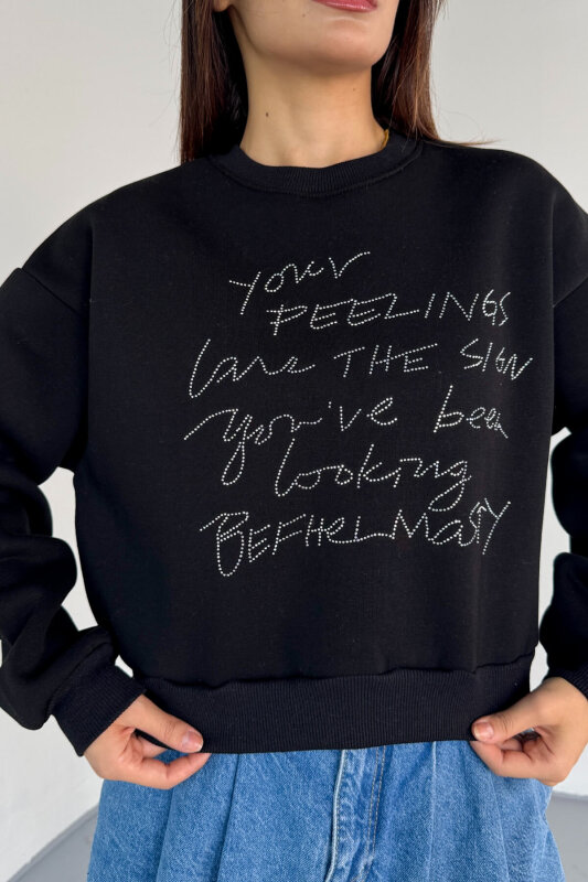 SWT-233 Siyah El Yazısı Taş İşlemeli Sweatshirt - 5