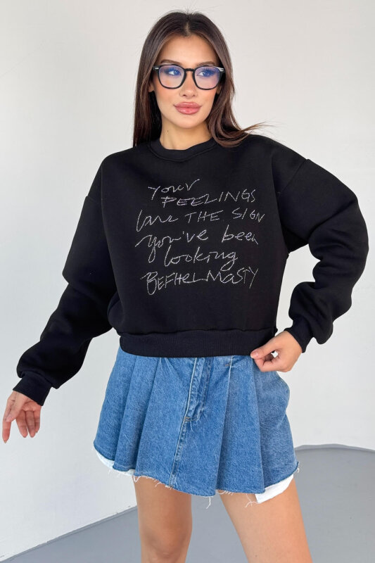 SWT-233 Siyah El Yazısı Taş İşlemeli Sweatshirt - 6