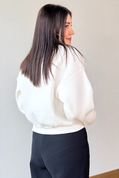 SWT-240 Beyaz Brooklyn Baskılı Üç İplik Şardonlu Sweatshirt  - 3