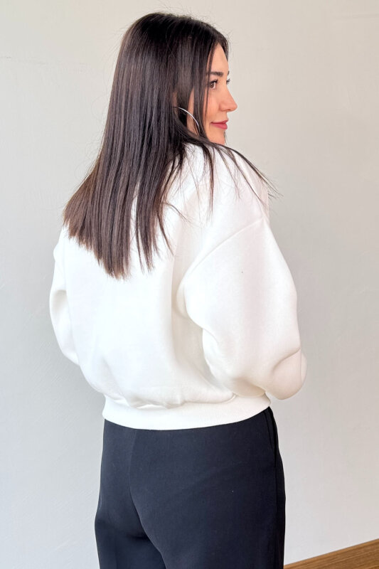 SWT-240 Beyaz Brooklyn Baskılı Üç İplik Şardonlu Sweatshirt  - 3