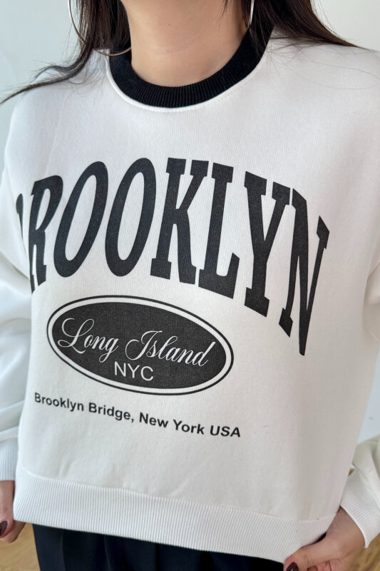 SWT-240 Beyaz Brooklyn Baskılı Üç İplik Şardonlu Sweatshirt  - 2