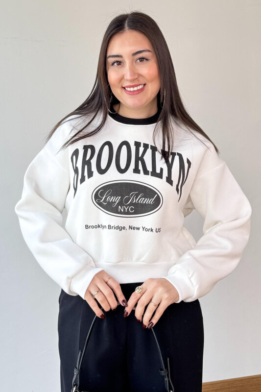 SWT-240 Beyaz Brooklyn Baskılı Üç İplik Şardonlu Sweatshirt  - 4
