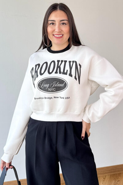 SWT-240 Beyaz Brooklyn Baskılı Üç İplik Şardonlu Sweatshirt  - 5