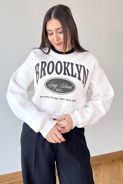 SWT-240 Beyaz Brooklyn Baskılı Üç İplik Şardonlu Sweatshirt  - 1