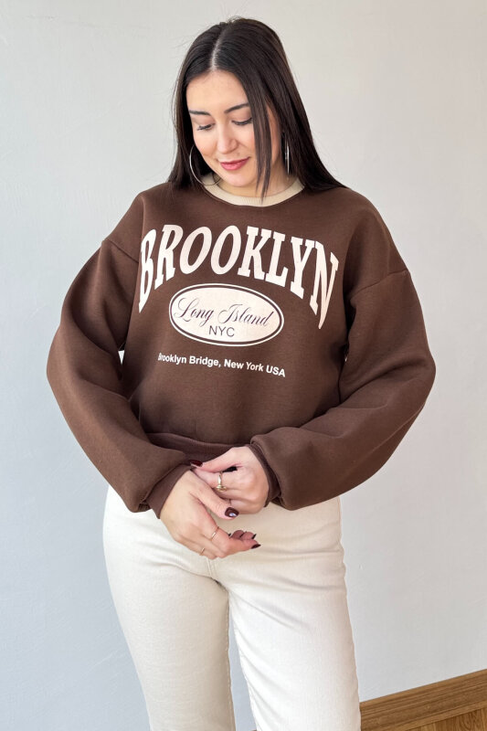 SWT-240 Kahverengi Brooklyn Baskılı Üç İplik Şardonlu Sweatshirt - 1