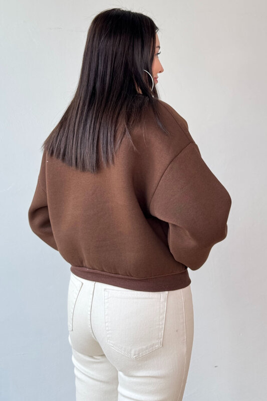 SWT-240 Kahverengi Brooklyn Baskılı Üç İplik Şardonlu Sweatshirt - 2