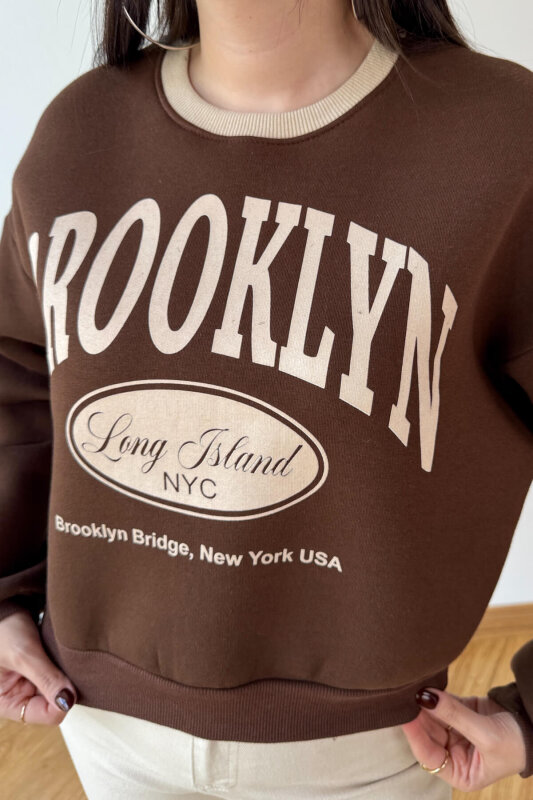 SWT-240 Kahverengi Brooklyn Baskılı Üç İplik Şardonlu Sweatshirt - 3