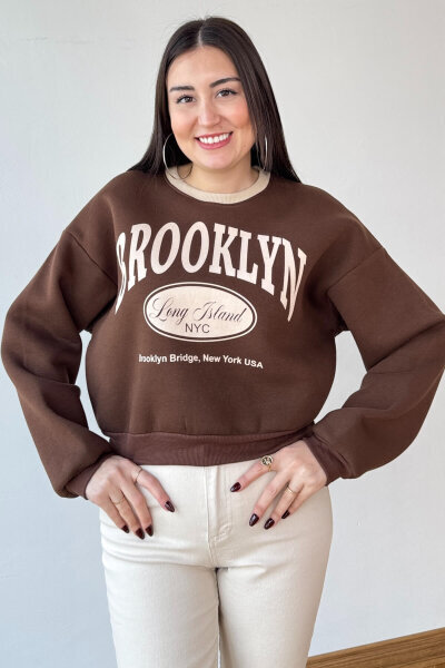 SWT-240 Kahverengi Brooklyn Baskılı Üç İplik Şardonlu Sweatshirt - 4