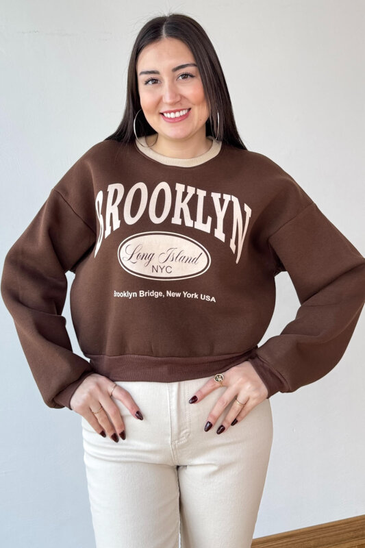 SWT-240 Kahverengi Brooklyn Baskılı Üç İplik Şardonlu Sweatshirt - 4