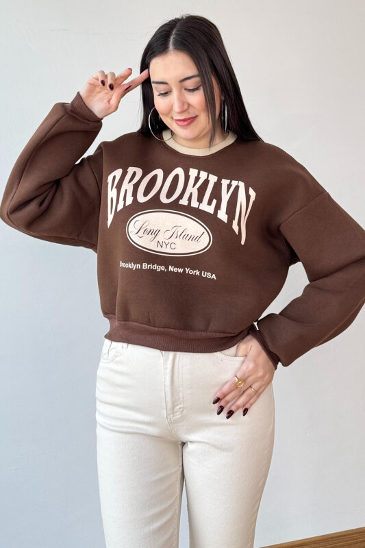 SWT-240 Kahverengi Brooklyn Baskılı Üç İplik Şardonlu Sweatshirt - 5