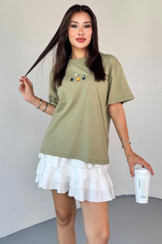 T-910 Haki Ateş Nakışlı Kısa Kollu Salaş Pamuklu Tişört - 1