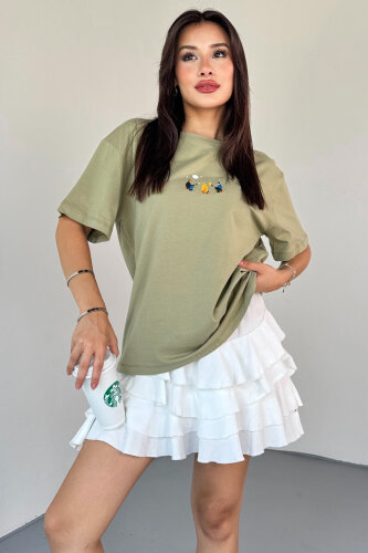 T-910 Haki Ateş Nakışlı Kısa Kollu Salaş Pamuklu Tişört - 4