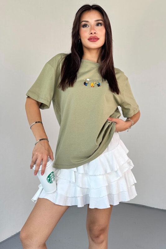 T-910 Haki Ateş Nakışlı Kısa Kollu Salaş Pamuklu Tişört - 4